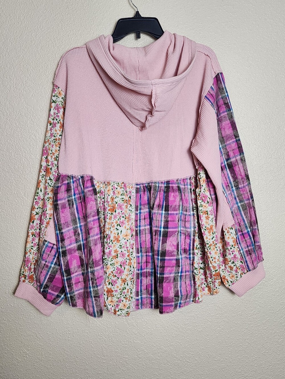 POL Pink Floral Plaid Patchwork Zip Hoodie Medium - Picture 9 of 9